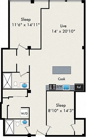 2 Bedroom floor plan at 119 N Peoria